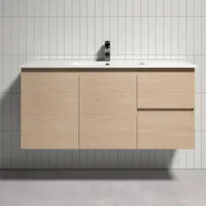 Vogue Thebe Wall Hung Soft Oak Vanity Unit 1200mm Right Hand Draw 1TH VC Top Fingerpull v/unit