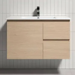 Vogue Thebe Wall Hung Soft Oak Vanity Unit 900mm Right Hand Draw 1TH VC Top Fingerpull v/unit